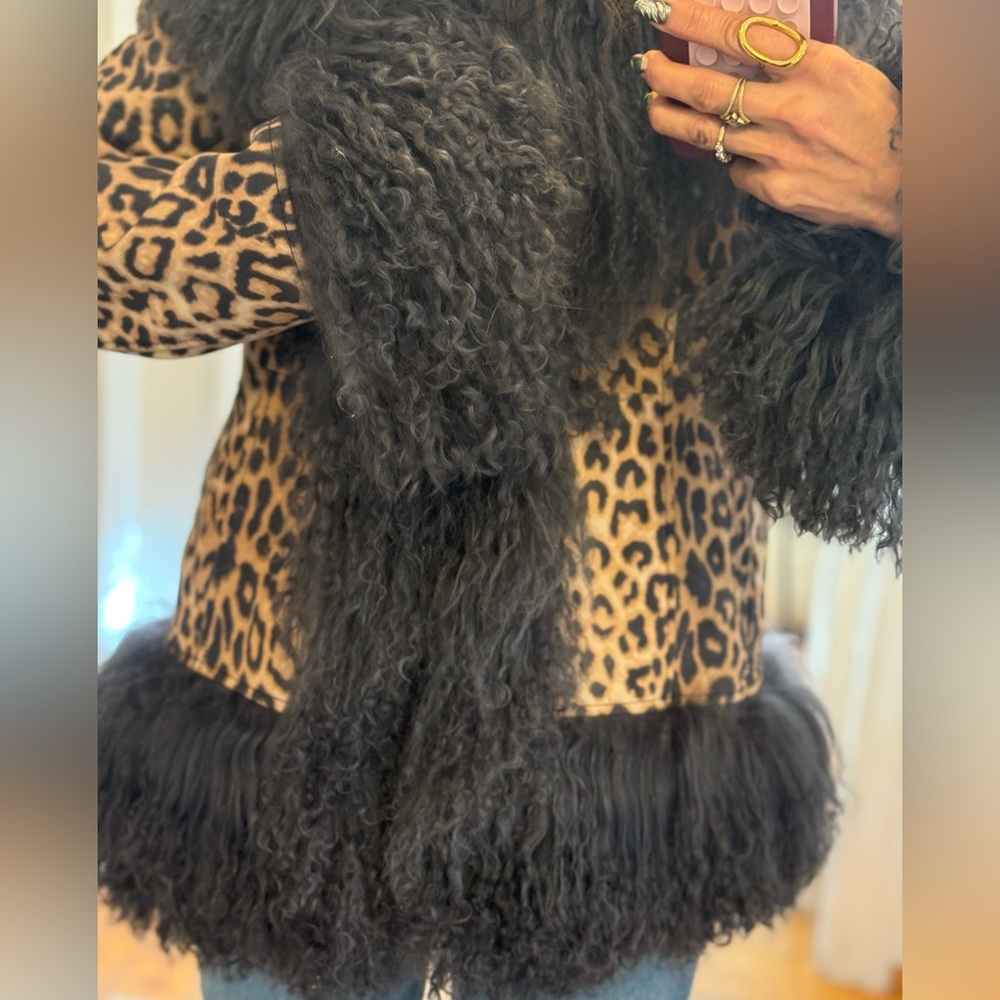 KONG Leopard Suede Mongolian Lamb Trim Jacket - Charcoal- Size S - Picture 4 of 11